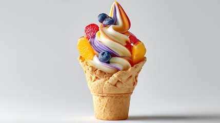 Cone of swirled soft serve ice cream with fruit on white surface