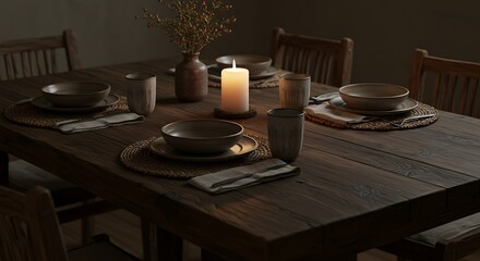 Cozy Rustic Dining Table Set with Candle and Ceramic Dishware in Warm Ambient Lighting