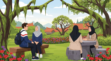 Couple in a park with flowers and trees