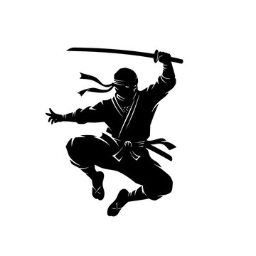 Vector art of silhouette of ninja warrior in dynamic fighting pose with swords