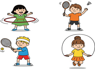 Cute children playing sports, tennis, badminton, hula hoop, jump rope, outdoor activities, cartoon kids, healthy lifestyle, exercise, fun illustration