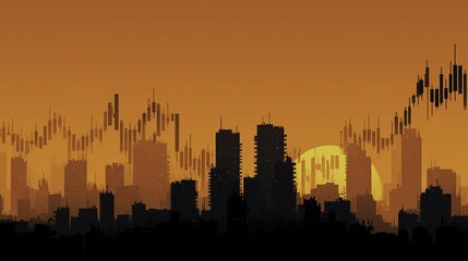 Fototapeta premium City skyline silhouette with financial chart overlay during sunset
