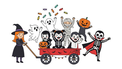 Spooky Halloween Parade: Cheerful children in playful costumes joyfully ride in a red wagon, with an array of candies, perfectly embodies the spirit of Halloween.