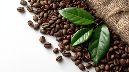 Realistic AI-generated photo of roasted coffee beans with fresh green leaves and burlap sack on white background.