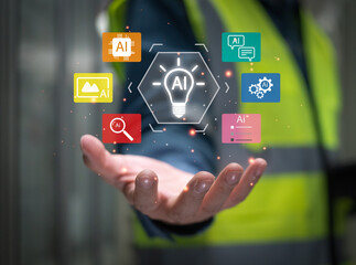 Engineer presenting AI icons and innovation concepts through a futuristic interface, symbolizing artificial intelligence, smart systems, and digital transformation in industrial technology.