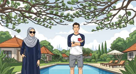 Couple's Relaxing Vacation by the Pool