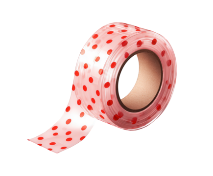 A roll of transparent tape with red polka dots, isolated on a transparent background, perfect for crafting and gift wrapping