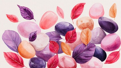 Watercolor painting of smooth, pastel-colored stones and vibrant autumn leaves scattered on a white background, creating a sense of gentle movement and serene beauty