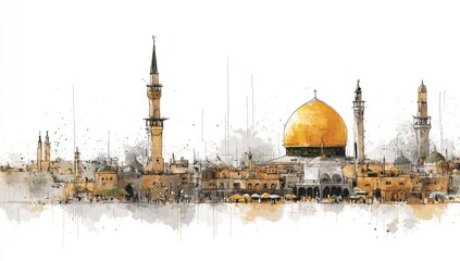 Watercolor-style cityscape depicting a golden-domed mosque, flanked by slender minarets, set against a backdrop of smaller buildings and a hazy sky, suggesting a bustling, historic Middle Eastern city