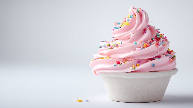 Pink soft serve ice cream with sprinkles in cup on white background
