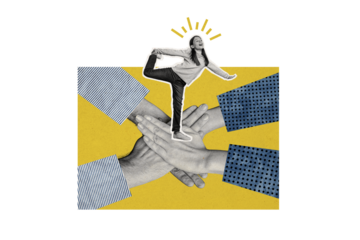 Composite photo collage of people hands hold together palms cooperation dance funky teenager girl team isolated on painted background