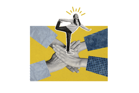 Composite photo collage of people hands hold together palms cooperation dance funky teenager girl team isolated on painted background