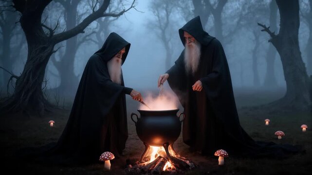 Two wizards brewing a magic potion in a cauldron in a foggy forest