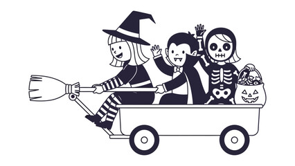 Halloween wagon joyride: Three costumed children, embodying a witch, vampire, and skeleton, embark on a magical ride in a whimsical wagon, ready for a night of spooky fun. 