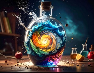 Colorful liquid swirling in a glass bottle