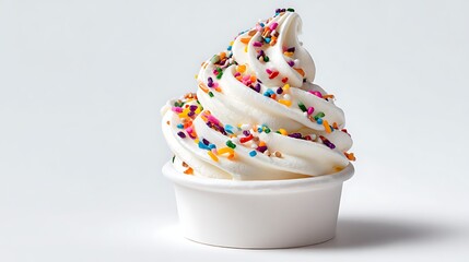 Vanilla soft serve ice cream with sprinkles in cup on white surface