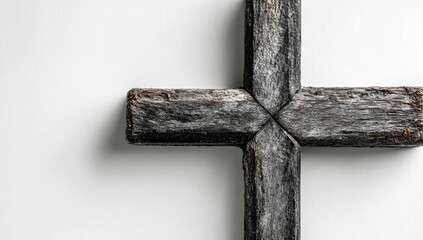Weathered dark wooden cross on a plain white background, showcasing its aged texture and simple, rustic design.  The cross is slightly angled, casting a subtle shadow