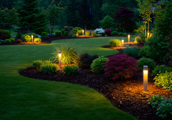 A beautifully illuminated garden at night with strategically placed lights enhancing the landscape and creating a magical and inviting outdoor atmosphere