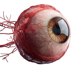 A realistic, detailed 3d render of a human eyeball with visible blood vessels and optic nerve, isolated on a transparent background, showcasing the intricate anatomy of the eye