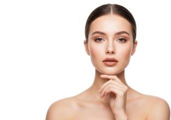 Young caucasian woman, perfect dewy skin, subtle makeup, hair bun, graceful, hand on chin, calm, close-up studio portrait on transparent background, Concept of natural beauty and healthy skin