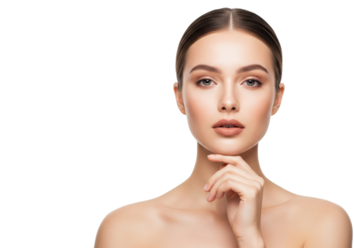 Young caucasian woman, perfect dewy skin, subtle makeup, hair bun, graceful, hand on chin, calm, close-up studio portrait on transparent background, Concept of natural beauty and healthy skin
