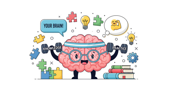 Brain enhancing knowledge through learning practice and developing intellectual skills illustration