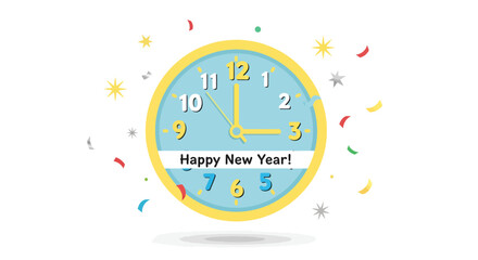 Celebratory New Year's clock illustration with festive confetti and star shapes