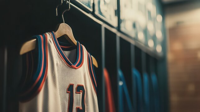 A basketball jersey with the number thirteen hanging in a locker room on a wooden hanger
