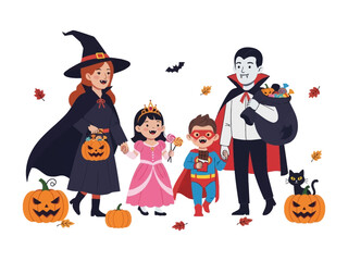Halloween Costume Party: A captivating scene of joy unfolds as a family dresses up in a variety of festive Halloween costumes, walking together to celebrate holiday spirit.