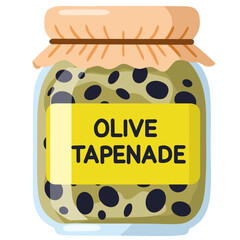 Hand-drawn illustration of bottle with olive tapenade. Colored flat cartoon vector illustration isolated on white background. Concept of nature, healthy food, farm vegetables, natural oils