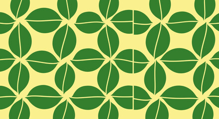 Green floral pattern on beige backdrop; some flowers bisected