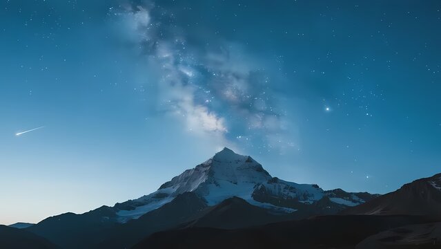 Starry night sky over a snow-capped mountain peak with the Milky Way visible - Powered by Adobe