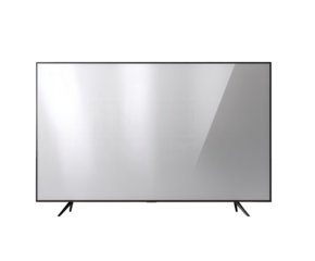 A modern flat screen television with a thin bezel and sleek stand, isolated on a transparent background, showcasing its reflective screen with subtle light glares