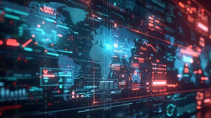 Abstract digital world map with glowing data points and graphical user interface elements displayed