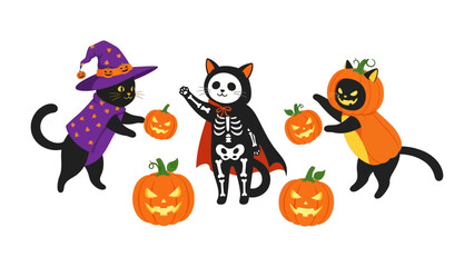 Spooky Feline Festival: Three whimsical cats decked out in festive Halloween costumes, engaging in a playful celebration, radiating spooky and cheerful energy amidst glowing pumpkins.