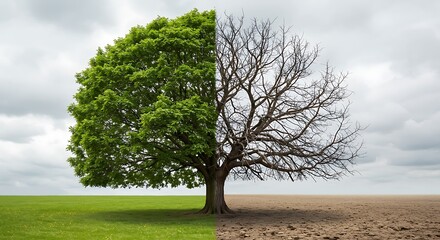 Tree Half Green Leafy Full Canopy and Half Bare Branches in Dry Landscape