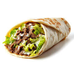 A donair wrap filled with beef, sauce, and lettuce, isolated on white background.