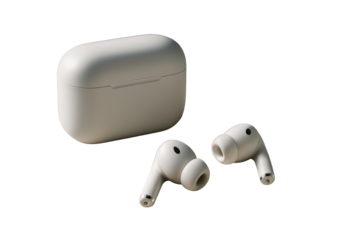 White wireless earbuds with silicone tips and charging case, isolated on clean white background, closeup technology concept, Ai generative