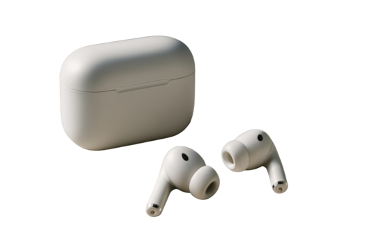 White wireless earbuds with silicone tips and charging case, isolated on clean white background, closeup technology concept, Ai generative
