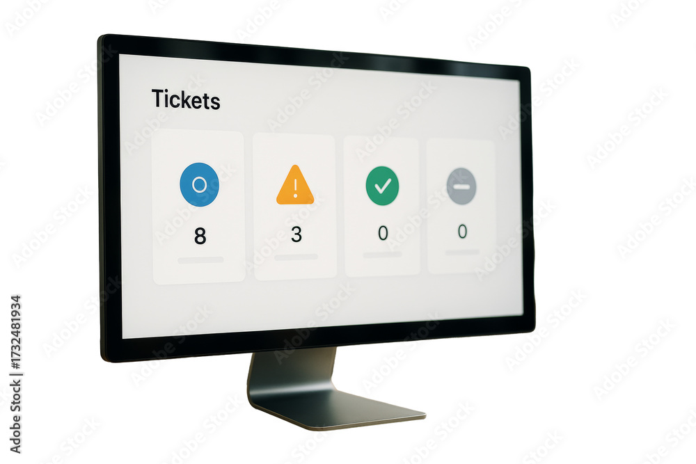 Wall mural computer screen showing ticket status interface with clean layout and alert icons, isolated on white