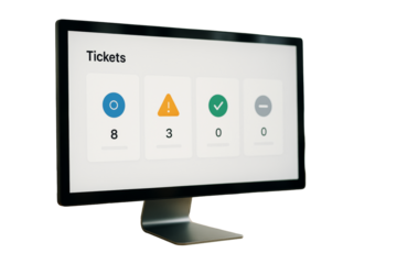 Computer screen showing ticket status interface with clean layout and alert icons, isolated on white background, technology concept. Ai generative