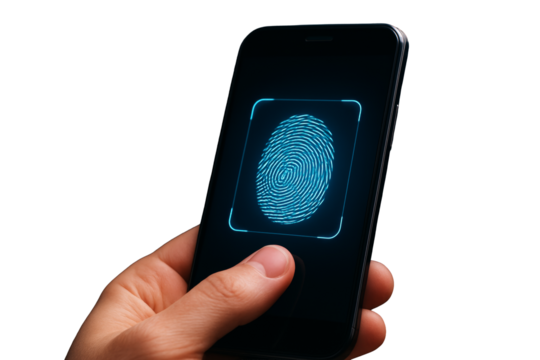 Hand using smartphone with glowing fingerprint scanner, closeup style, isolated on white background, concept of biometric technology. Ai generative