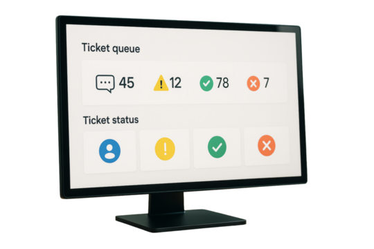Monitor showing help desk ticket queue and status with icons and numbers, clean interface style, isolated on white, concept of support system. Ai generative