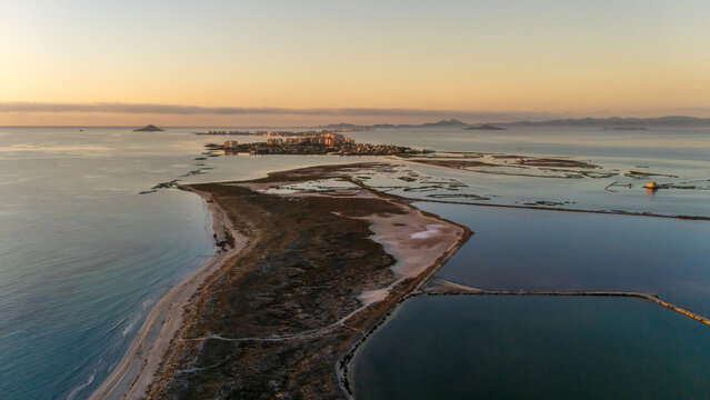 Sunrise view of the Mar Menor and La Manga, Murcia Region, Spain, from a drone