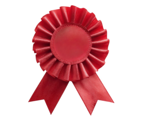 A bright red rosette award ribbon with two streamers, isolated on a transparent background, symbolizing achievement and recognition in a competition or event