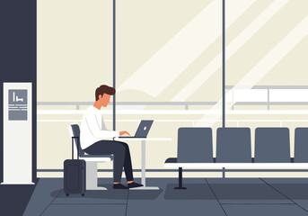 Remote working professional at airport lounge digital workspace modern interior contemporary view productivity focused