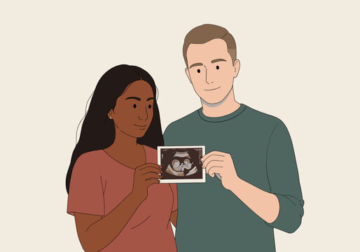 Pregnant couple reveals ultrasound home setting digital intimate environment view joyful anticipation