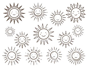 Collection of simple, hand-drawn sun illustrations