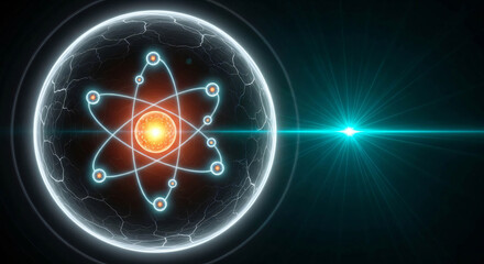 Futuristic Atomic Structure glowing with energy symbolizing science research and innovation in a digital world