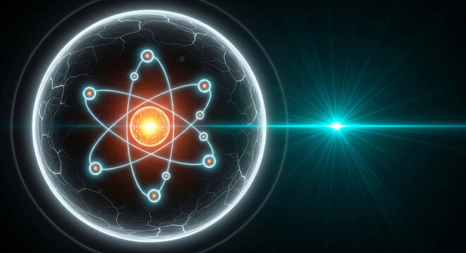 Futuristic Atomic Structure glowing with energy symbolizing science research and innovation in a digital world - Powered by Adobe